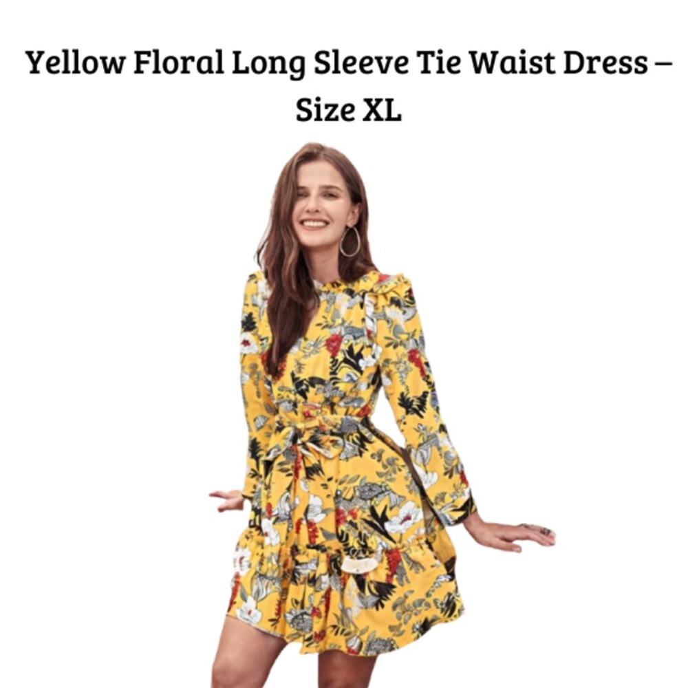 SOLD Yellow Floral Long Sleeve Tie Waist Mini Dress – Size XL